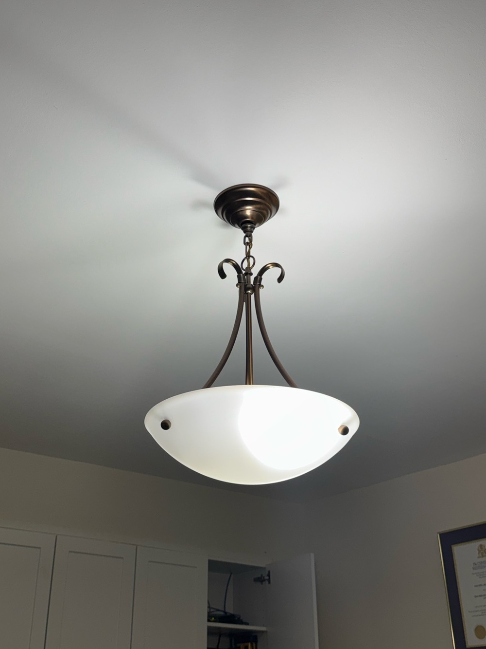 Brushed Bronze Bowl Pendant Light with White Glass Shade